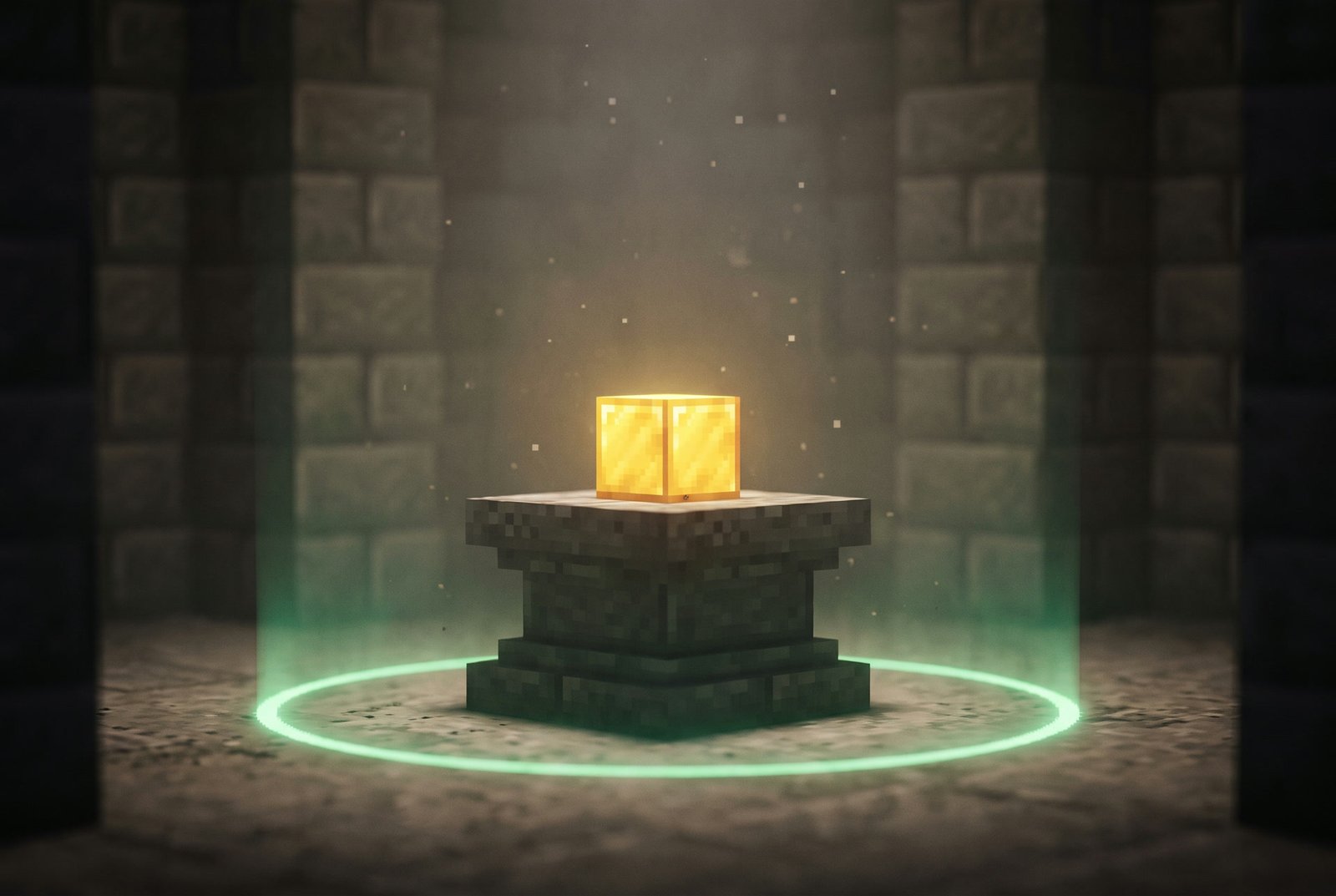 A single gold block resting on a stone pedestal inside a soft green ring of light